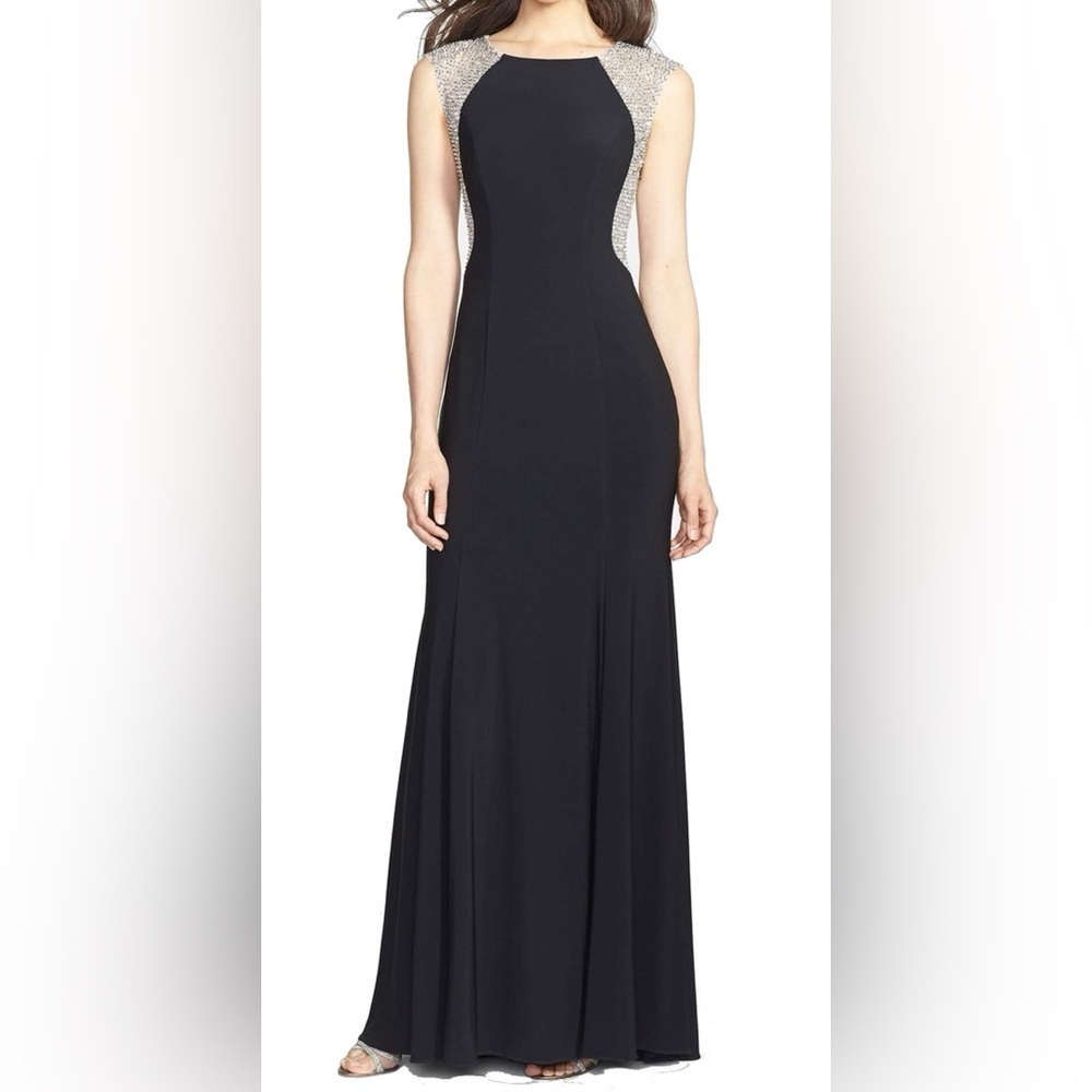 Xscape Women's Cap Sleeve Beaded Back Formal Gown
